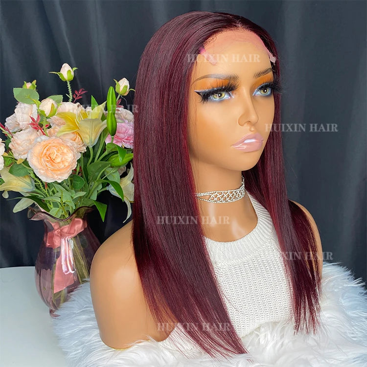 Wholesale Virgin Raw Brazilian Indian 100% Human Hair Wine Red Straight 4x4 HD Lace Closure Wig