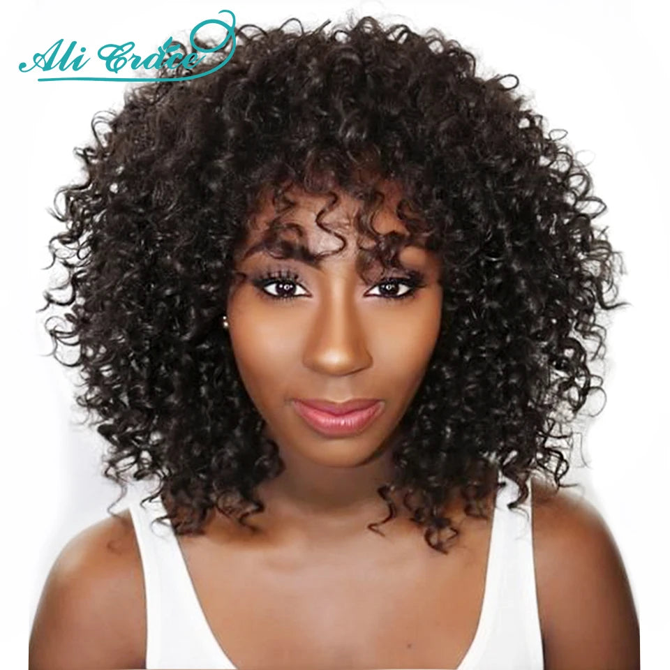 30CM Curly Human Hair Wigs With Bang Machine Made No Lace Wigs Cheap Full Curly Ali Grace Brazilian Hair Fringe Wig