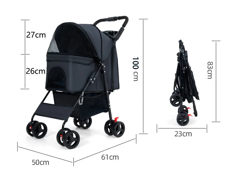 Pet Stroller, 4-Wheel Dog Pram for Small Medium Cats and Dogs with Storage Basket and Cup Holders for Outdoor Travel