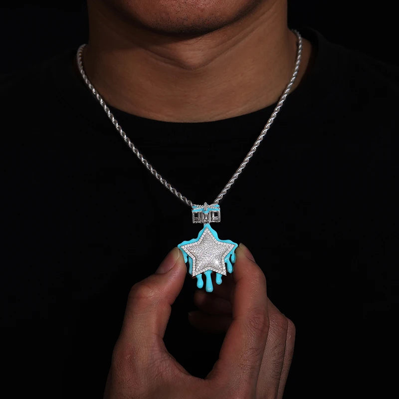 New Arrival Glow in the Dark Enamel Plated Star Pendant Hip Hop Jewelry Silver 925 VVS Moissanite Diamond Iced Out Fine Jewelry