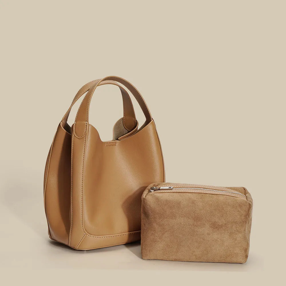 Women's Genuine Cowhide Leather Large Capacity Handbags Fashionable Open Closure Shoulder Purses Ladies Brand Handbags