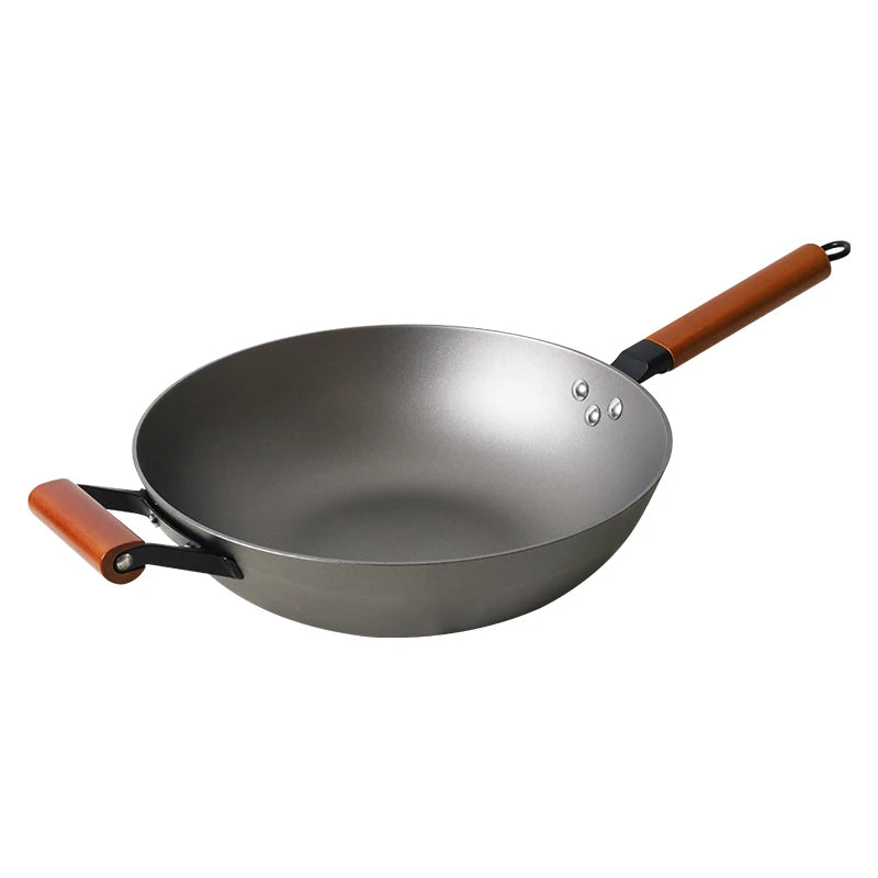 Lightweight 32cm Cast Iron Wok Chinese Wok Glass Lid for Kitchen Cooking Cookware Gas Induction Stove Pattern With Wooden Handle