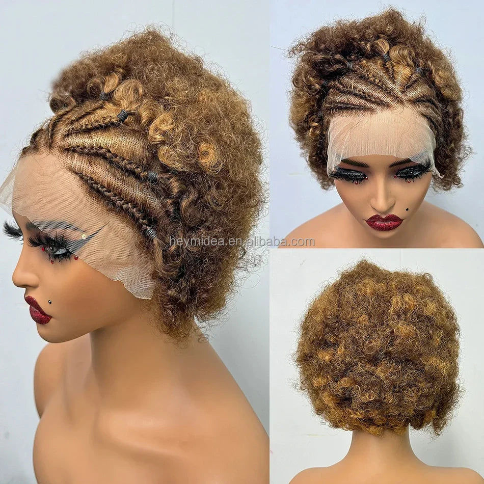 13x4 Lace Front Afro Short Curly Wig Human Hair Precolored Front Braided Afro Curly Human Hair Wig Brazilian Bouncy Curly Hair