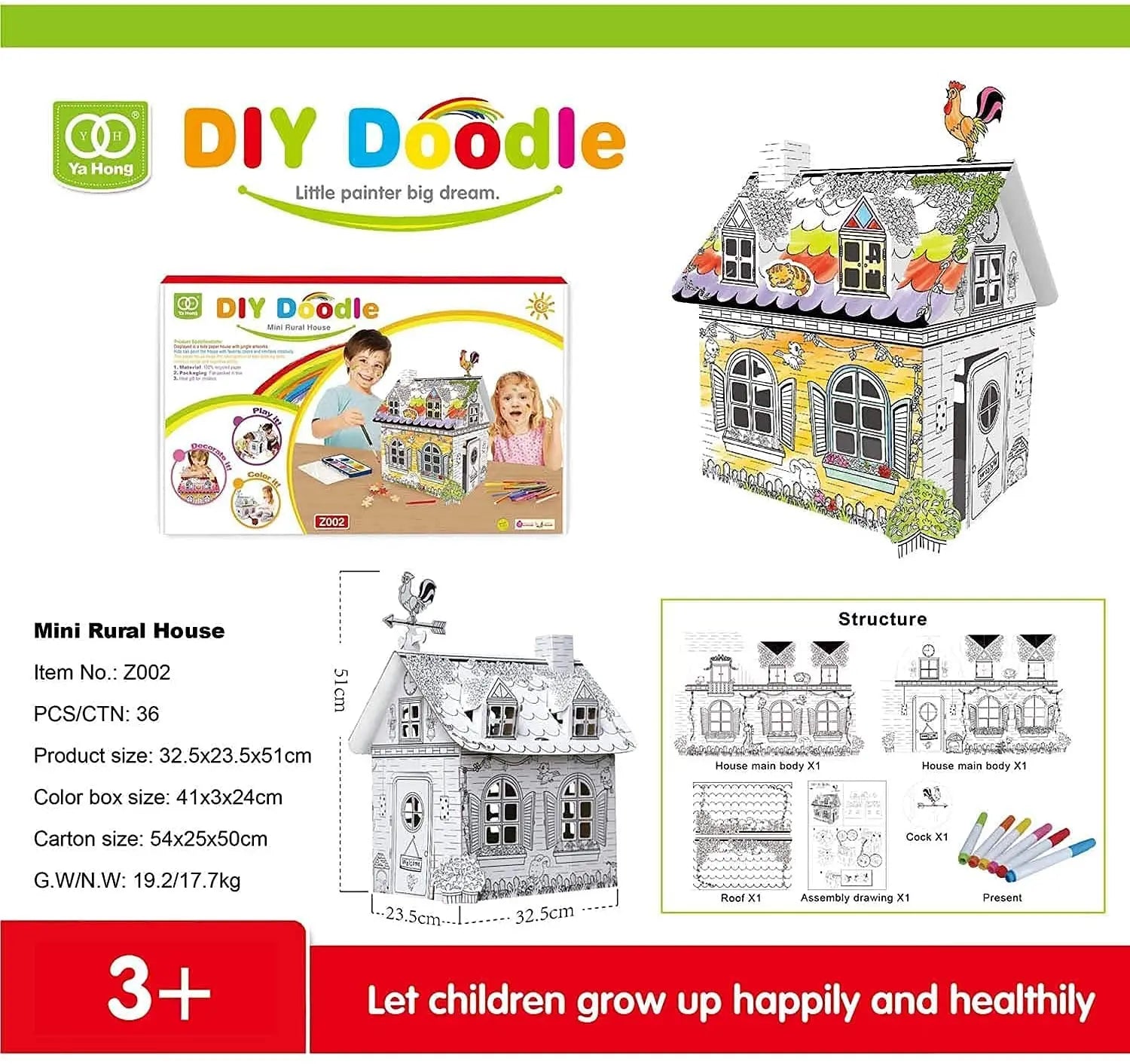 DIY 3D Graffiti House Corrugated Coloring Paper Toys Mini Rural House Educational Children's Drawing Toy for Kids