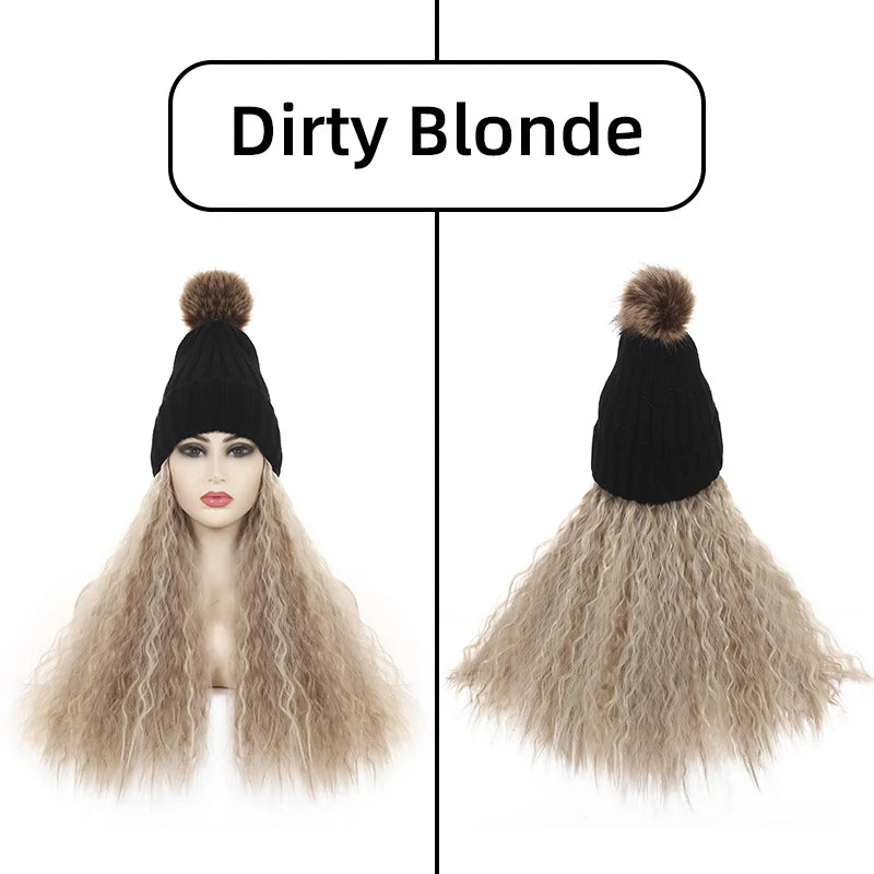 Fashion Warm Winter Beanie Kinky Curly Hair Wig Attached Hat Cap With Hair Natural Brown Long Synthetic Wig for Black Women