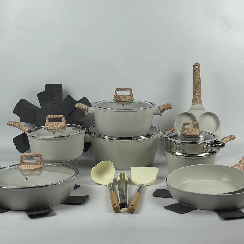 Factory Forged Cookware 21 Pcs Granite Nonstick Coating Saute Pan Casseroles Cookware Set with Steaming Basket and Accessories