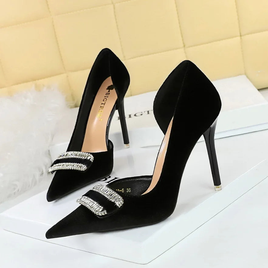 34-43 Elegant Banquet Thickened Suede Shallow Cut Pointed Side Hollow High Heels Rhinestone Buckle Super High Heels