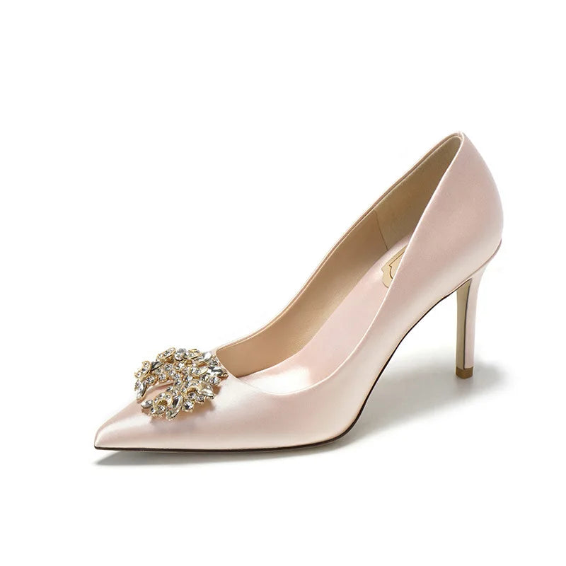 Classic Women Pumps Luxury Rhinestone Silk Wedding Shoes White Pointed Toe Party Dress Ladies Stiletto Bridal Heels