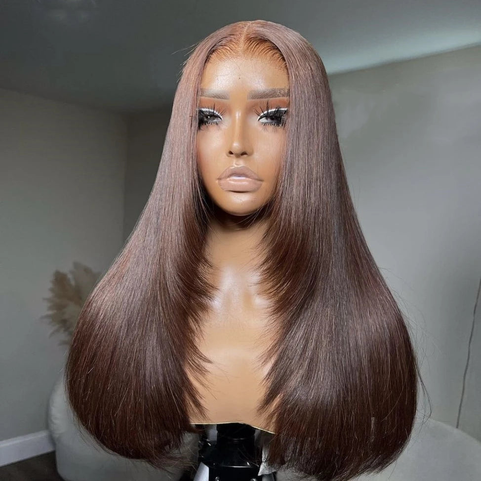 Ready to Ship Layer Cut Wigs Chocolate Brown Colored Straight 5x5 Glueless Human Hair Wig Wear & Go Layered Hair Cut Lace Wig