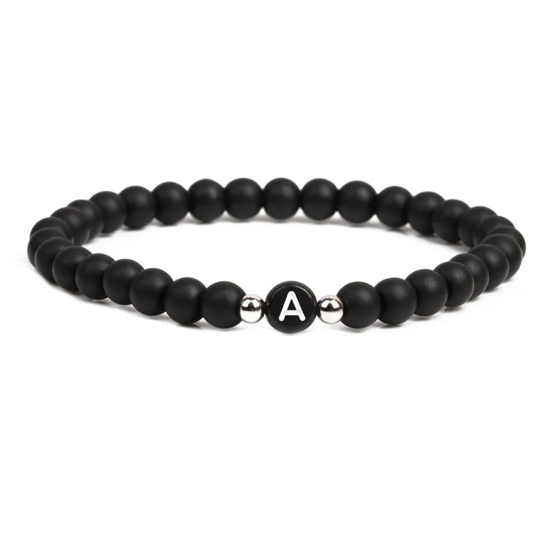 Personalized Enamel Charms Alphabet Initial 6MM Natural Black Onyx Agate Bead Small Letter Bracelet for Women