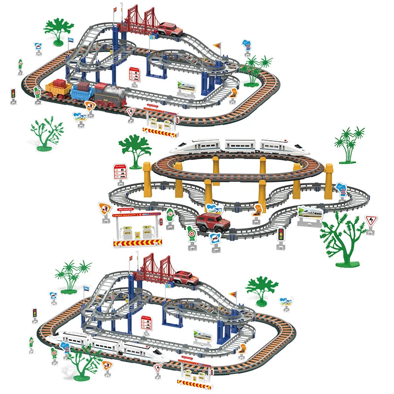 HW Train Car Sets for Toddlers Electric Toy Train Track Set with LED Bridge Electric Car and Train Sets Toys for Boys Girls Kids