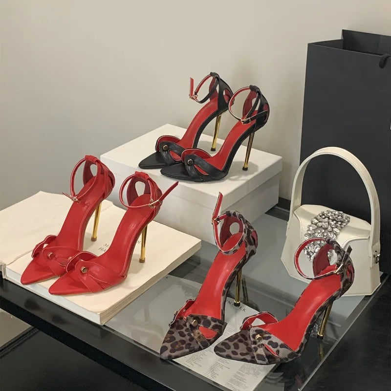 Leopard 11CM Metal Heel Sandals Pointed Toe Straight Strap Shoes Ladies Fashion Sexy Stiletto Ankle Buckles Heels