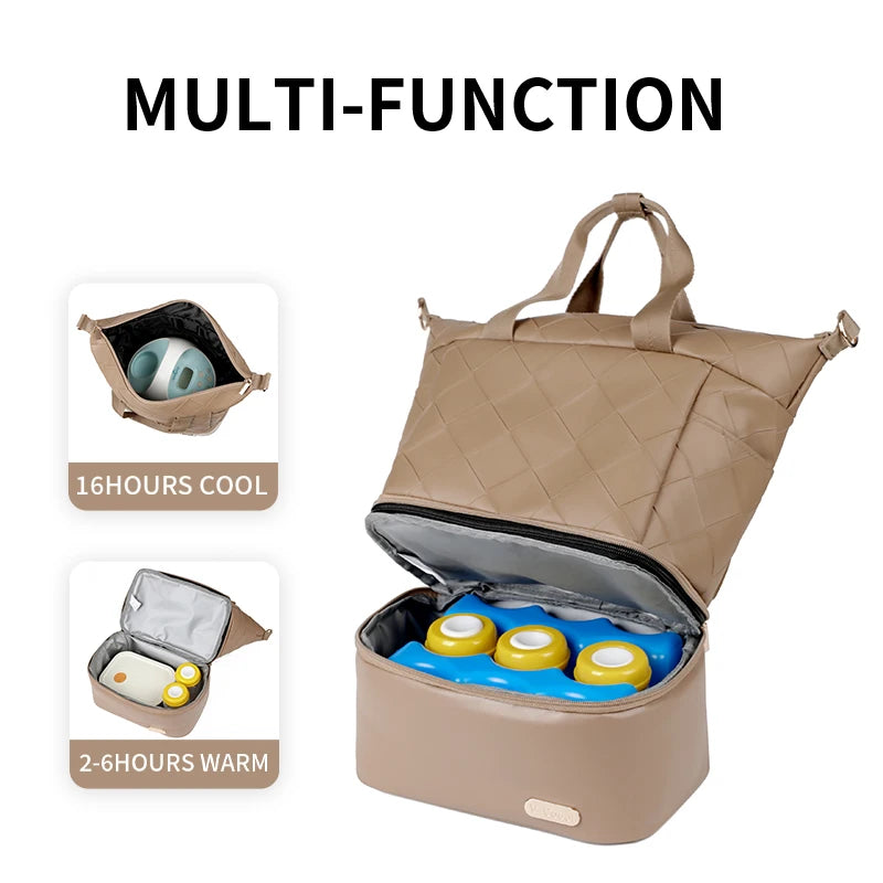 V-COOOL Hot Selling PU Quilted Diaper Bag Large Capacity Tote - Waterproof Mom Bag with Insulated Pocket