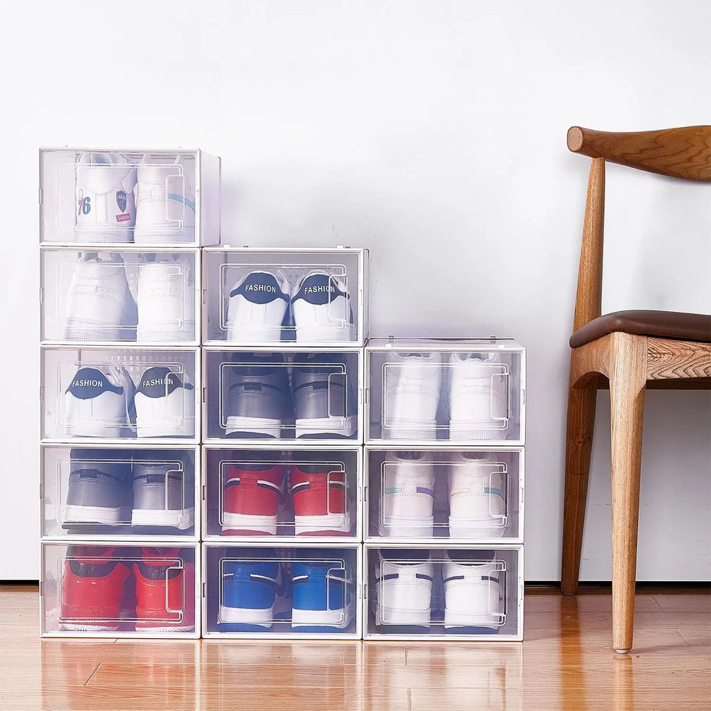 Pack of 8 Transparent and White Shoe Storage Organizers Stackable Plastic Boxes for Closet Sneakers