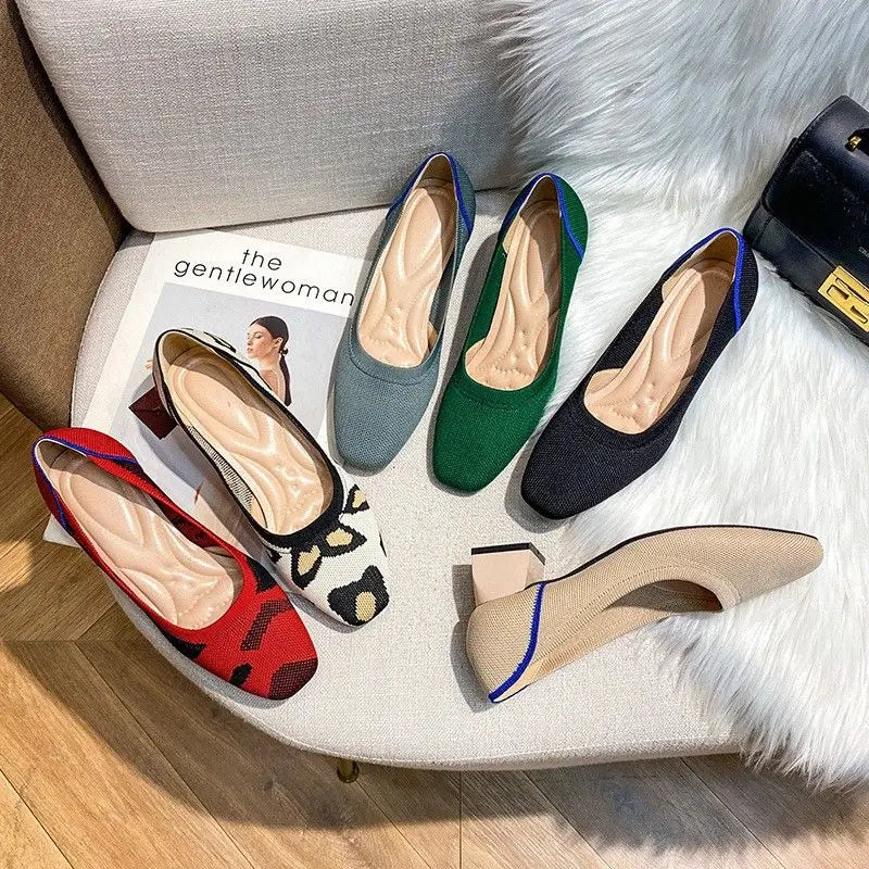 Knitted Fabric Comfortable Office Wear Formal Shoes Slippers Low Block Heels for Women