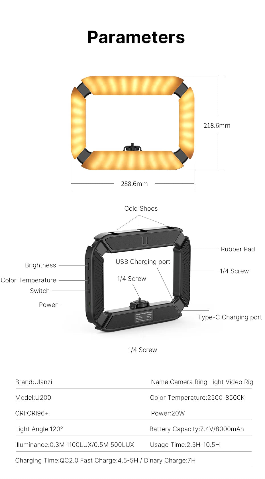 Ulanzi U-200 Ring Light Photography Led Video light BI-color Camera With phone clip cold shoe for Youtube Live Rig lamp