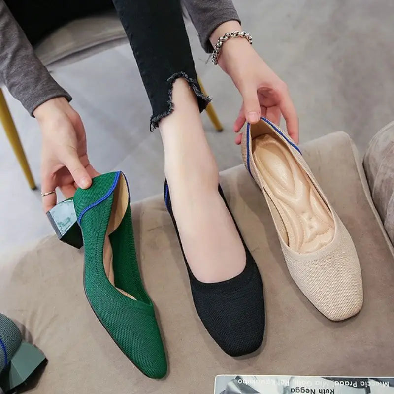 Knitted Fabric Comfortable Office Wear Formal Shoes Slippers Low Block Heels for Women
