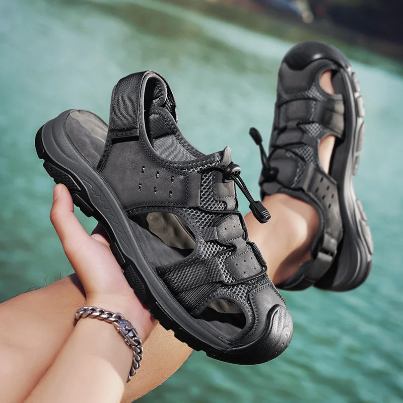 New High Quality Man Non slip Beach Sandals Closed Toe Safety Outdoor Elastic Real Leather Shoes Slipper for Men Hot Sale Arabic
