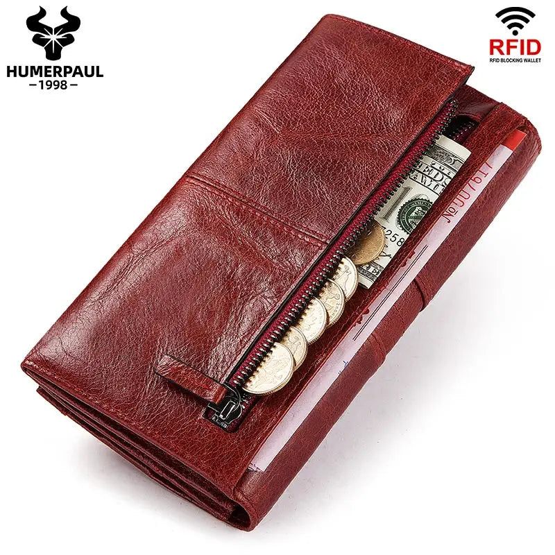 HUMERPAUL Fashion Women Wallet Genuine Leather Long Fashion Ladies Clutch Cell Phone Bags Muti-fuction RFID Card Holder Purse