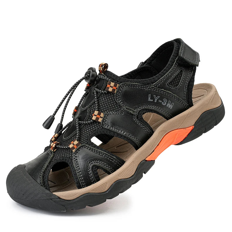 OEM Service Factory Supply Hand Made Anti Slip Comfortable Large Size Close Toe Summer Cow Genuine Leather Sandals for Men