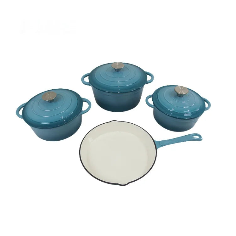 Modern Design 4-Piece Cast Iron Enamel Cookware Set Flat Frying Pan and Soup/Stew Pot Factory-Cast Metal Enamel Pot