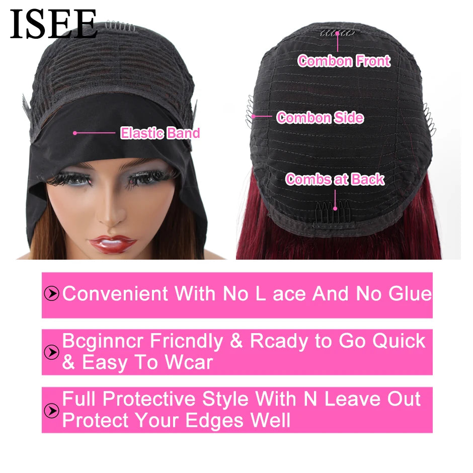 ISEEHAIR Straight Headband Wig Human Hair Wigs 180% Density Peruvian Straight Hair Wig Full Machine Made Wig For Black Women