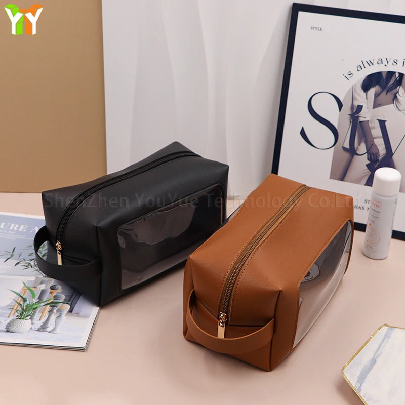 Portable Transparent PVC Toiletry Bags PU Leather Waterproof Zipper Wash Bag Women Makeup Cosmetic Bag for Traveling