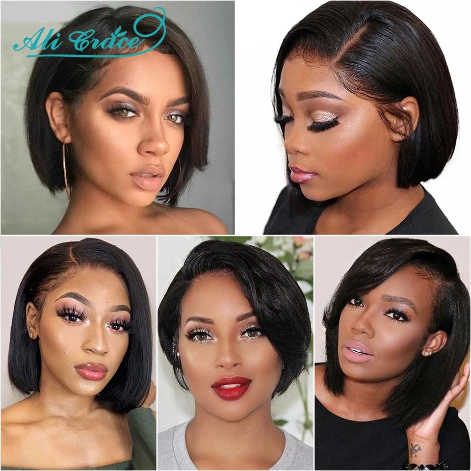 20CM Pixie Cut Blunt Bob Hair Wig Brazilian Short Straight Hair Wigs Pre-plucked Pixie Cut Ali Grace Lace Part Lace Wigs