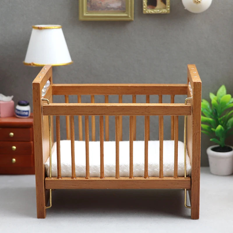 1:12 Doll House Dollhouse Mini Furniture Children's Room Pure Chestnut Crib White Mattress Small Bed