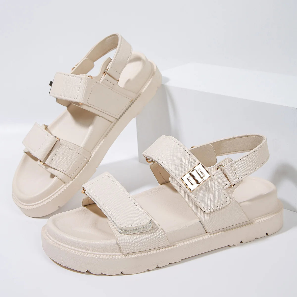 Large Size Rubber Platform Beach Holiday Women's Gladiator Sandals Cushioning Genuine Leather Midsole Korean Style Double