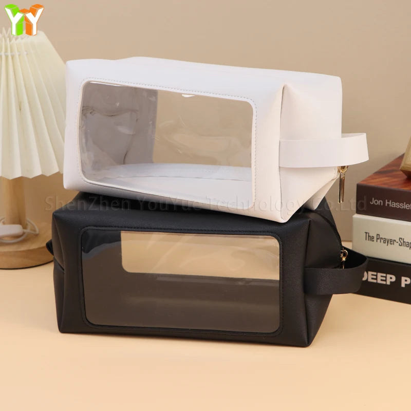 Portable Transparent PVC Toiletry Bags PU Leather Waterproof Zipper Wash Bag Women Makeup Cosmetic Bag for Traveling