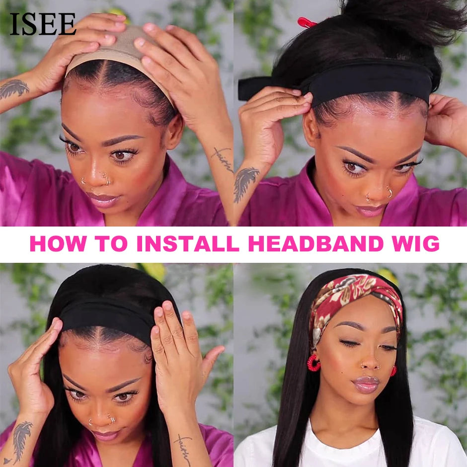 ISEEHAIR Straight Headband Wig Human Hair Wigs 180% Density Peruvian Straight Hair Wig Full Machine Made Wig For Black Women