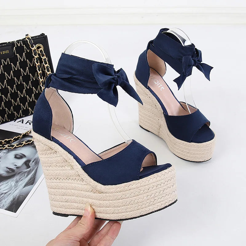 Zapatos De Plataforma De Las Mujeres Zapatillas Jute Ankle Strap Tie up Sexy Platform Sandals High Heels Wedges Shoes for Ladies