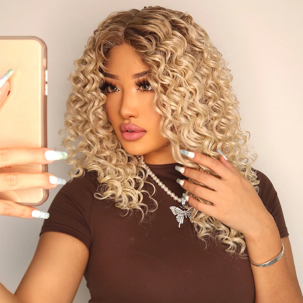 Peluca Women Blonde Kinky Curly Hair Wigs Medium Length Lace Frontal Wigs for Black Women