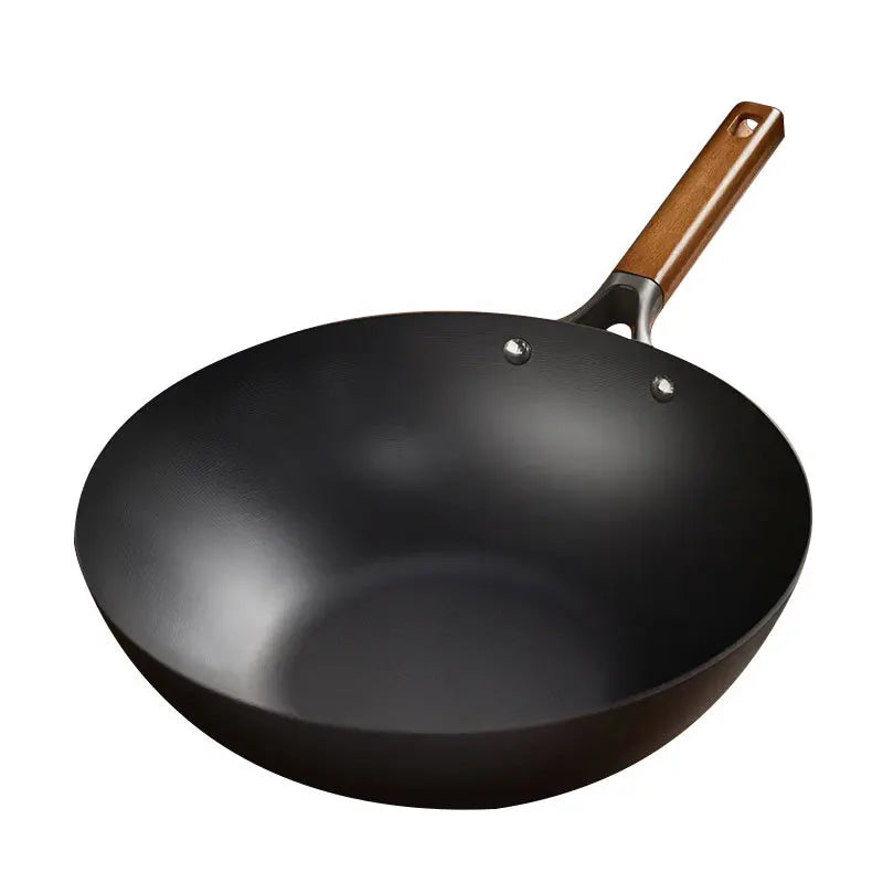 Extra Thick Nitrided Cast Iron Frying Pan Wood Grain Handle Tempered Glass Lid Non-Coated Non-Stick Surface CE Certified