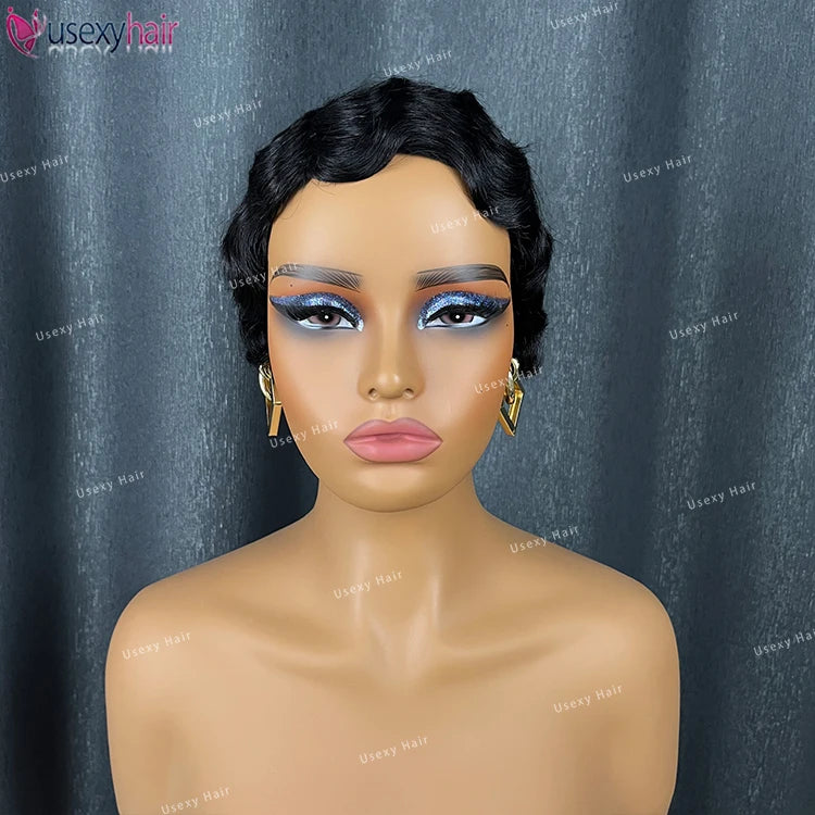 Factory Price Short Bob Pixie Cut Glueless Human Hair Wig None Lace Front Wig With Bangs Natural Black Full Machine Made Wigs