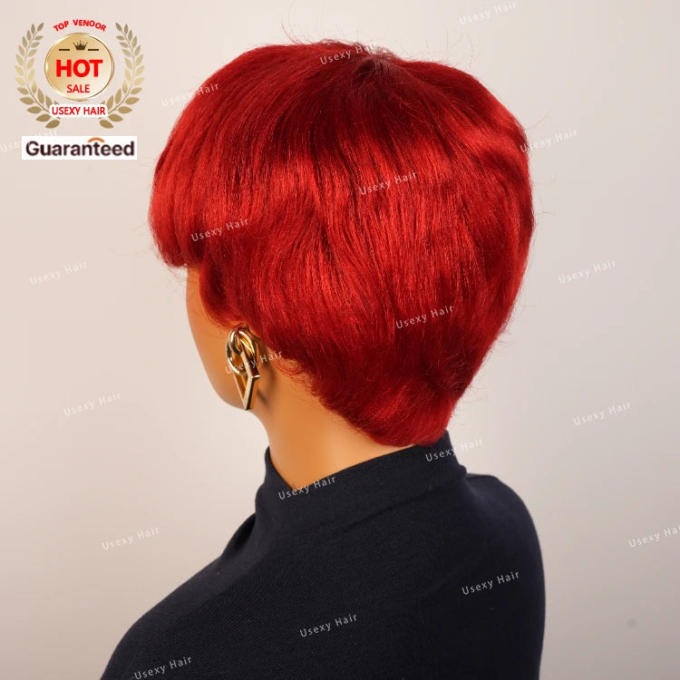 Pixie Cut Wig Red Colored Full Machine Made Perruque Cheveux Humain Short Bob Wig Cheap Glueless No Lace Remy Hair Wig for Women