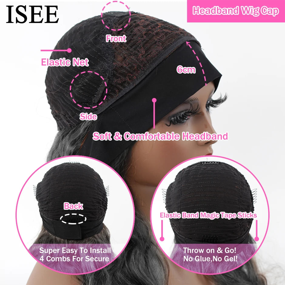 ISEE HAIR Headband Wig Natural Color Body Wave 100% Human Hair Wigs Scarf Wig Peruvian Hair Body Wave Wigs for Women