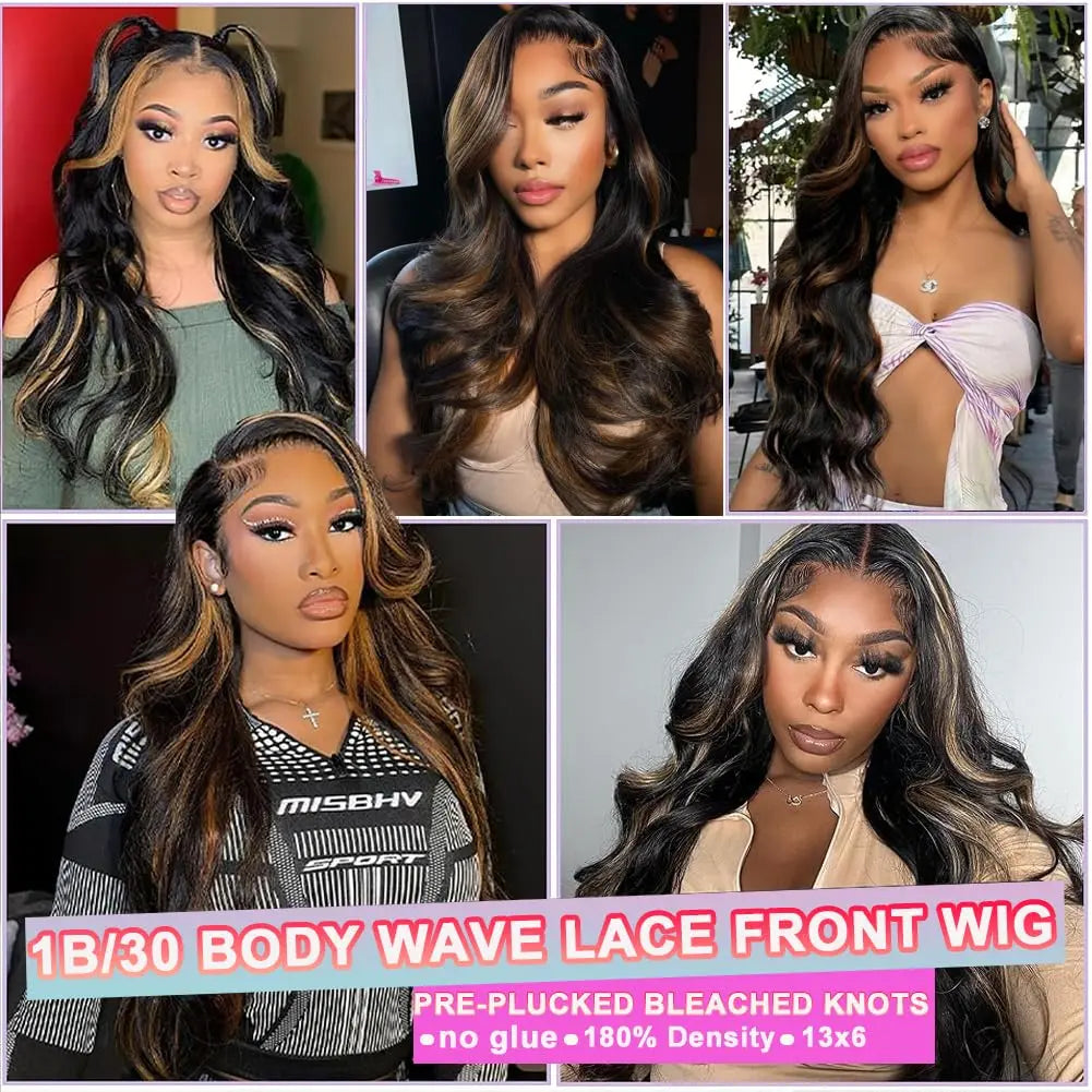 1B30 Body Wave Colored Highlight Ombre Glueless Lace Front Human Hair Wig Pre Plucked 13x6 HD Lace Frontal Wigs Human Hair