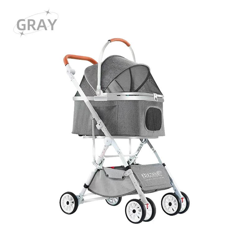 Luxury Easy Fold Removable Liner Waterproof Adjustable Storage Basket Pet Stroller 4 Wheel 15kg Capacity for Dogs/Cats Aluminum