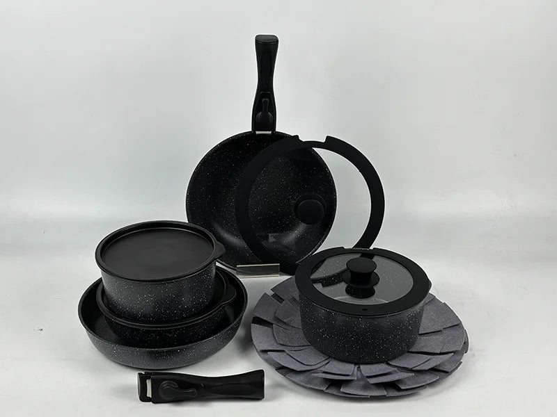 Hot Selling 15 Pcs Black Granite  Aluminum Cookware Set Detachable Handle Pans Pots Nonstick Coating