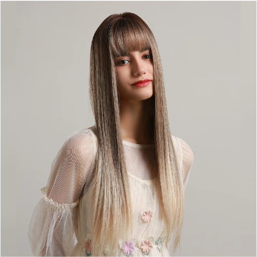 Fast Delivery  Long Silky Straight Wigs with Bangs Dark Black Brown Synthetic Wigs Bone Straight Fiber Hair Wig