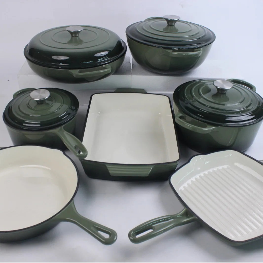 14-Piece Modern Design Cast Iron Enamel Pot Set for Kitchen Use Parties Includes Frying Pan Stew Pot Seafood Pot Food Storage