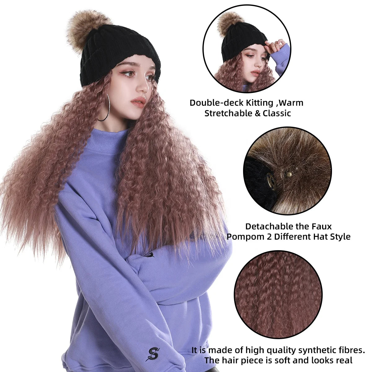 Fashion Warm Winter Beanie Kinky Curly Hair Wig Attached Hat Cap With Hair Natural Brown Long Synthetic Wig for Black Women