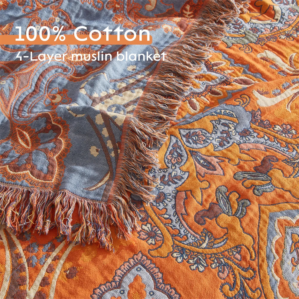 Wholesale King-Size Jacquard Style Soft Vintage Floral Boho Bed Blanket 100% Cotton Muslin Home Textile Gift Throw Blanket