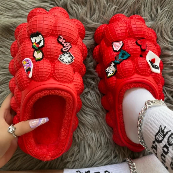 Factory Wholesale Winter Warm Massage Men Women Foam Runner Furry Plush Fashion Fur Slippers Bubble Slides With Fur and Charms