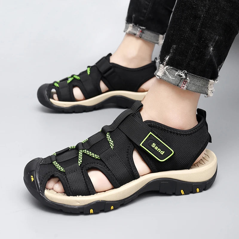 Factory Supply Large Size Feet Fly Mesh Upper Anti Slip Hand Made Sewing Men Closed Toe Summer Beach Sandals
