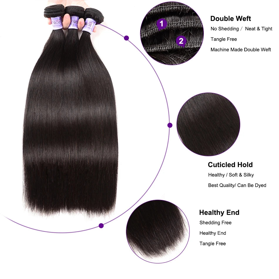 UNice Hair Kysiss Series Malaysian Straight Hair Weave Bundles Human Hair 3  Bundles 8-30 inches Natural Color Virgin Hair