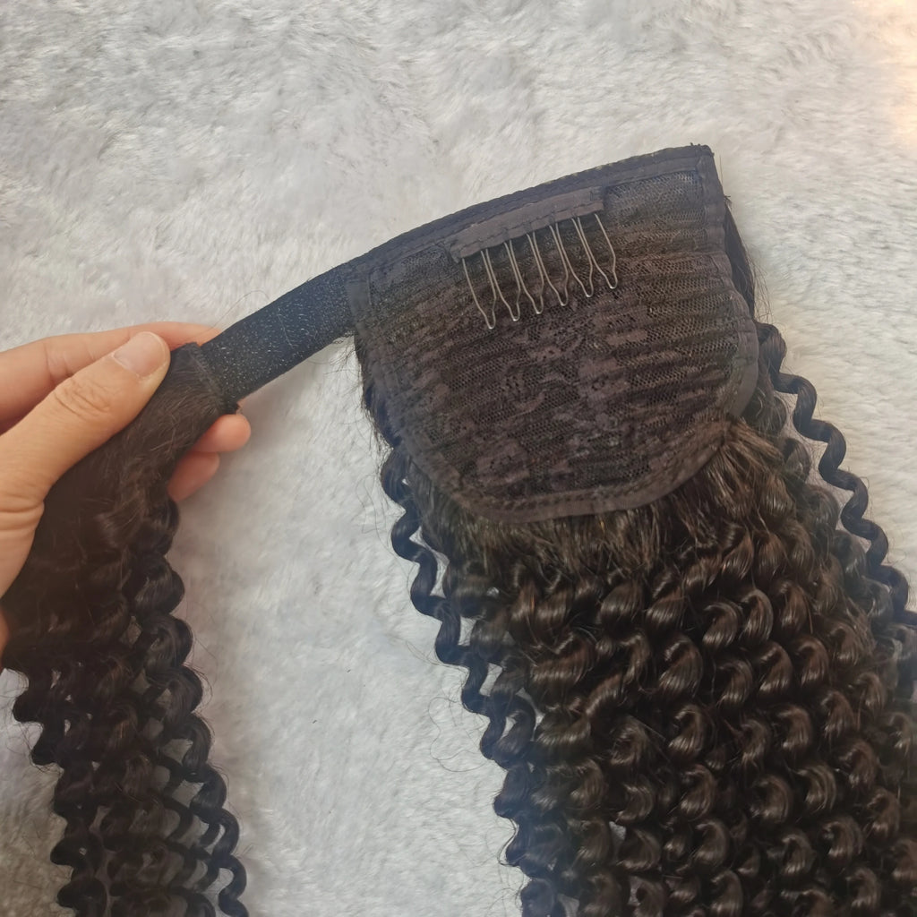 2024  Black Ponytail 18inch Indian Human Hair Extensions Afro Kinky Curly Hair Ponytails