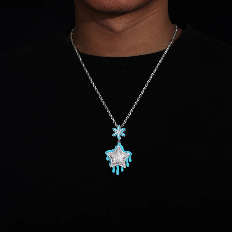 New Arrival Glow in the Dark Enamel Plated Star Pendant Hip Hop Jewelry Silver 925 VVS Moissanite Diamond Iced Out Fine Jewelry